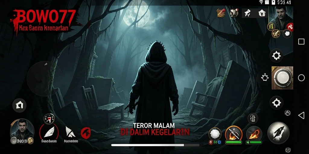 Screenshot BOWO77 menampilkan pemain menghadapi kegelapan yang menakutkan.