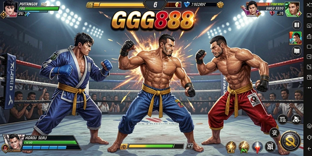 Screenshot GGG888 menampilkan pertempuran seru antara karakter di arena.