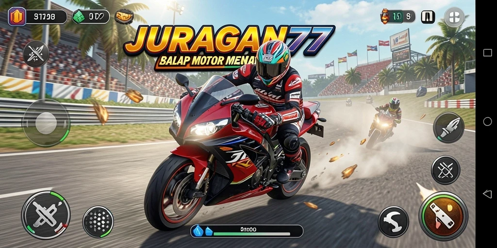 Tampilan gameplay balap motor yang menegangkan di JURAGAN77.