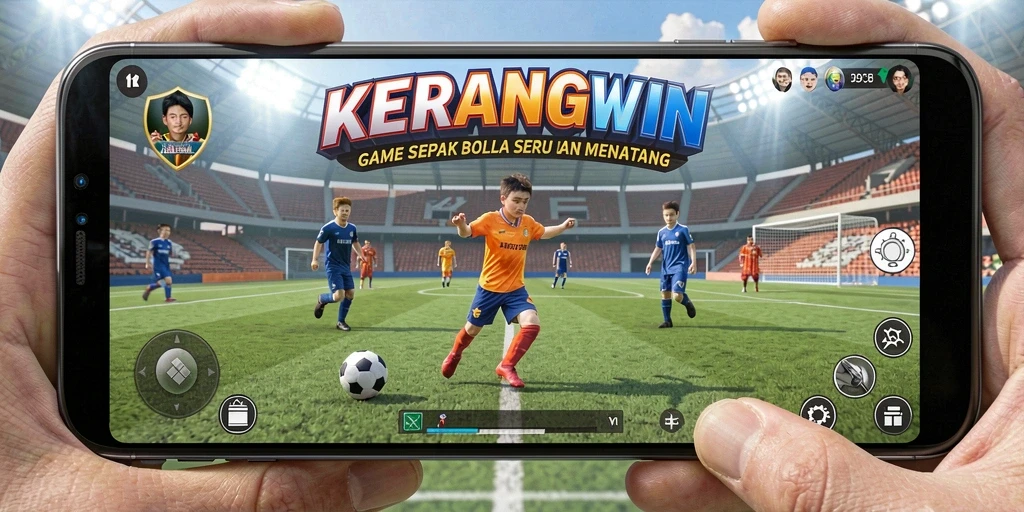 Tampilan gameplay menarik dari KERANGWIN yang menampilkan aksi sepak bola.