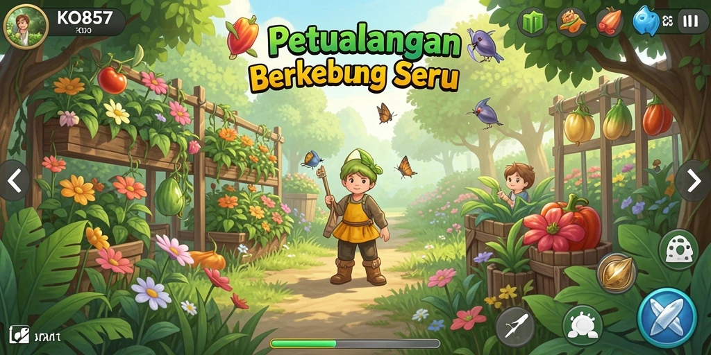 Menampilkan gameplay seru KO857 dengan berkebun yang penuh warna.