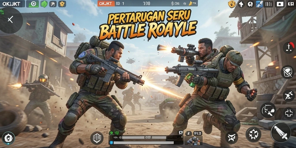 Tangkapan layar utama OKJKT menampilkan aksi seru dalam pertempuran Battle Royale.